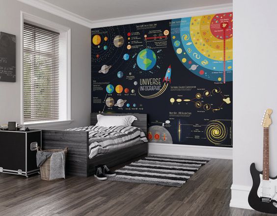 Hình ảnh phòng ngủ của cậu con trai nổi bật với tranh tường chủ đề vũ trụ nền đen, họa tiết màu sắc, ga giường và thảm trải cùng họa tiết kẻ sọc trắng xám