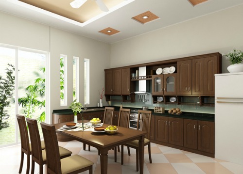 Hình ảnh phối cảnh phòng bếp ăn phong cách truyền thống với hệ tủ bằng gỗ tối màu, liền kề là bàn ăn 6 ghế cùng tông