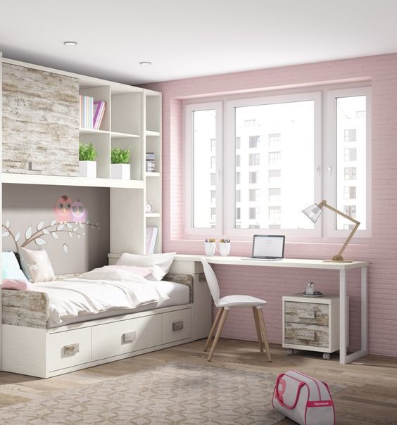 Hình ảnh phòng ngủ của con gái với sắc trắng hồng - trắng kết hợp hài hòa, bàn học đặt cạnh cửa sổ kính, giường tích hợp ngăn kéo lưu trữ
