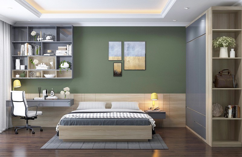 Hình ảnh không gian phòng ngủ master khá rộng rãi, được trang bị đầy đủ tiện nghi hiện đại với tủ quần áo kiêm kệ bày đồ trang trí, góc làm việc gọn xinh cạnh giường.