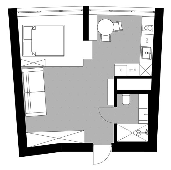 Hình ảnh sơ đồ bố trí mặt bằng nội thất căn hộ 39m2.