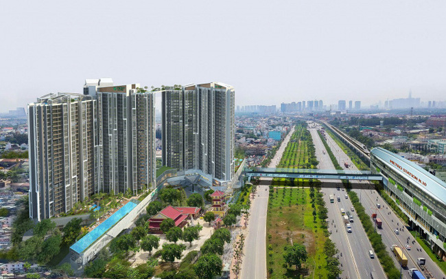 Hình ảnh những tòa nhà chung cư cao tầng năm cạnh đường lớn, xung quanh là khu dân cư thấp tầng xen kẽ cây xanh, công viên.