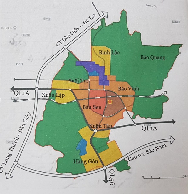 Hình ảnh bản đồ quy hoạch TP. Long Khánh với các ô phân vùng màu xanh lá, vàng, đỏ