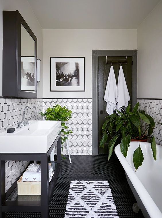 Hình ảnh bên trong một phòng tắm nhỏ với sắc đen - trắng chủ đạo, gương lớn gắn tường, cây xanh trang trí