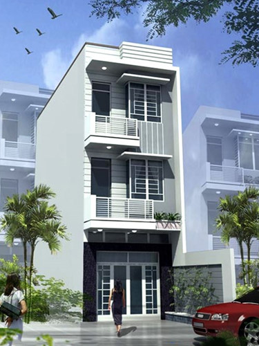 Hình ảnh phối cảnh mẫu nhà 3 tầng mái bằng có thiết kế đơn giản, sắc xám trắng chủ đạo