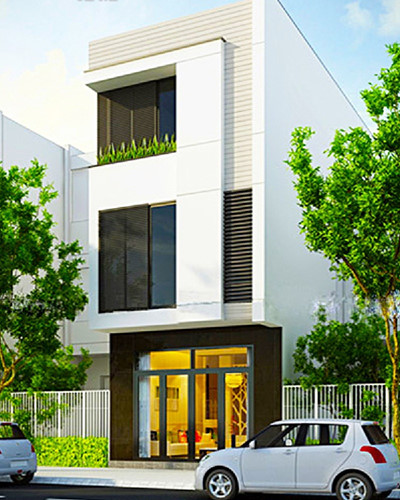 Hình ảnh phối cảnh mẫu nhà 3 tầng có thiết kế đơn giản với tường màu trắng, cửa kính trong suốt, cửa cổng nổi bật