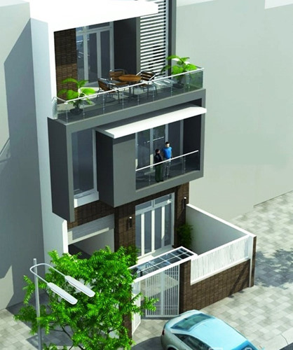 Phối cảnh mẫu nhà 3 tầng sang trọng với tông màu xanh - xám chủ đạo