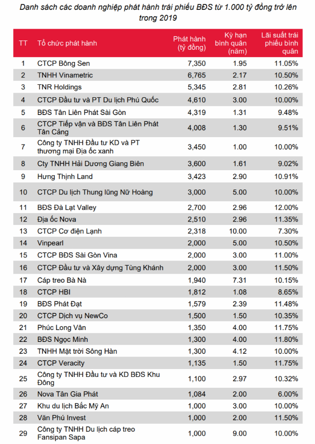Hình ảnh bảng thông tin các doanh nghiệp phát hành trái phiếu bất động sản từ 1.000 tỷ đồng trở lên năm 2019.