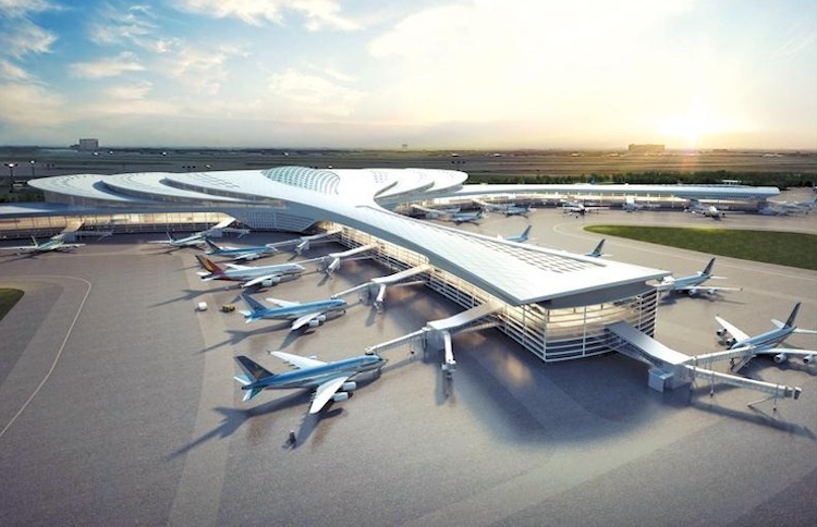 Hình ảnh phối cảnh tổng thể dự án sân bay Long Thành với nhiều máy bay đang neo đậu