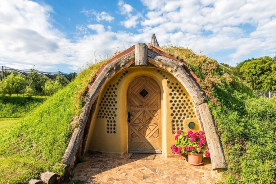 Mặt tiền nhà hobbit nổi bật với chậu hoa màu tím