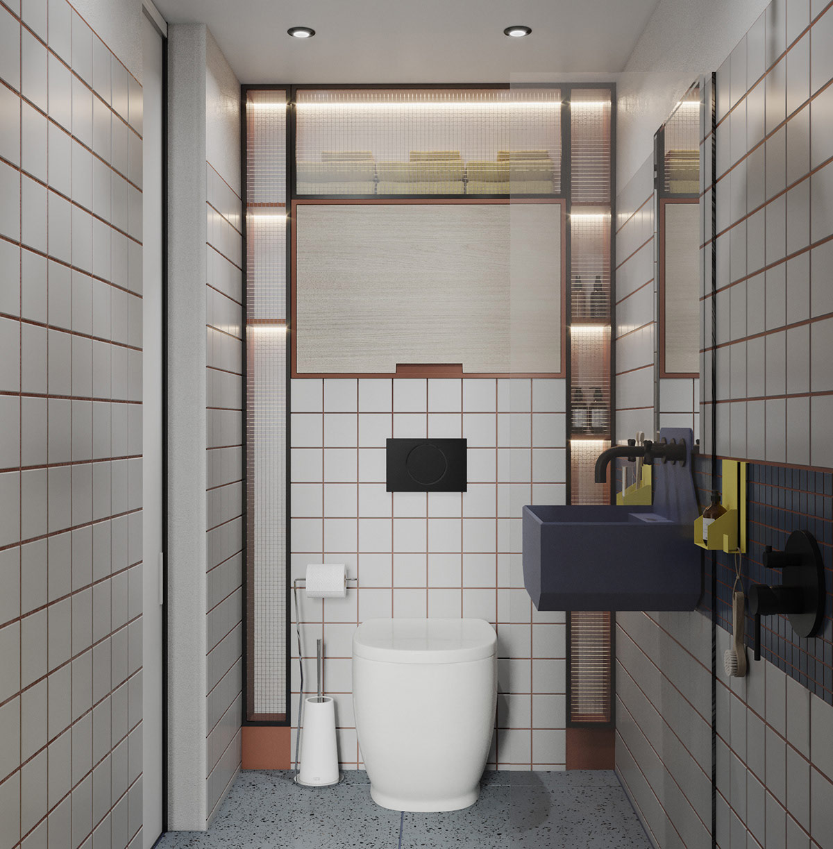 Phòng tắm nhỏ tiện nghi với tường và sàn ốp gạch men màu trắng