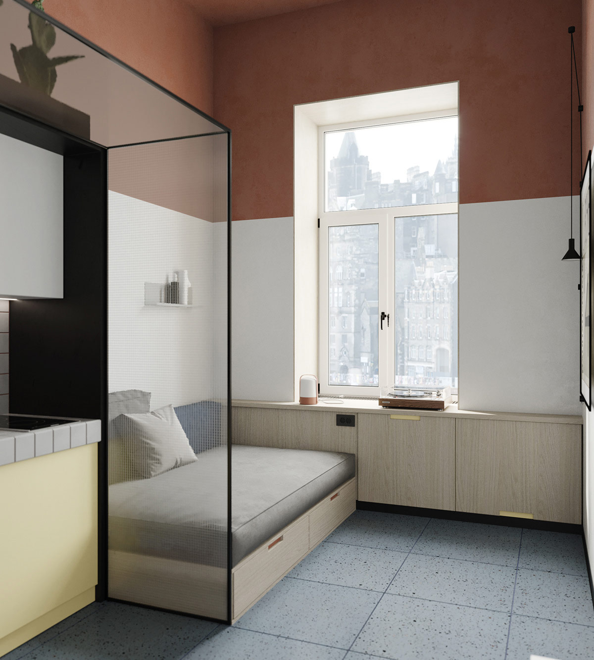 Hình ảnh góc căn hộ nhỏ với sofa giường có ngăn kéo, tủ lưu trữ bố trí xung quanh cửa sổ