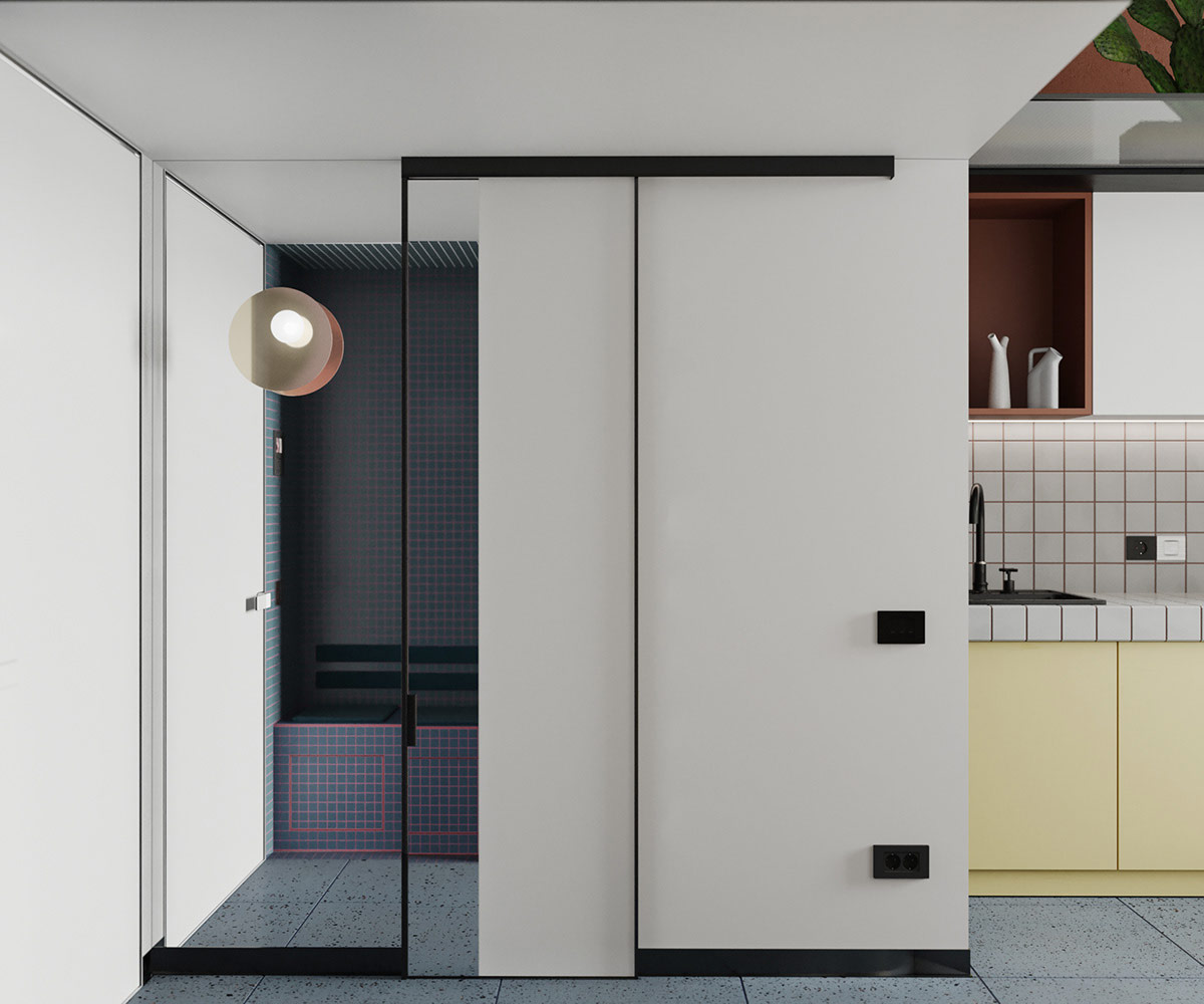 Cận cảnh hành lang căn hộ siêu nhỏ với tủ gỗ màu sáng, cửa ốp gương