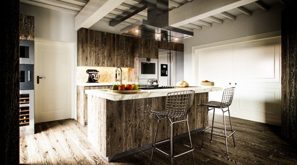 Hình ảnh phòng bếp đẹp cuốn hút với sàn lát gỗ, đảo bếp, tủ lưu trữ bằng gỗ tự nhiên mộc mạc