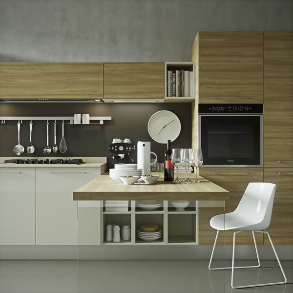 Hình ảnh một góc phòng bếp với bàn bar ăn sáng, tủ bếp bằng gỗ, tường xi măng, giá treo muôi, thìa