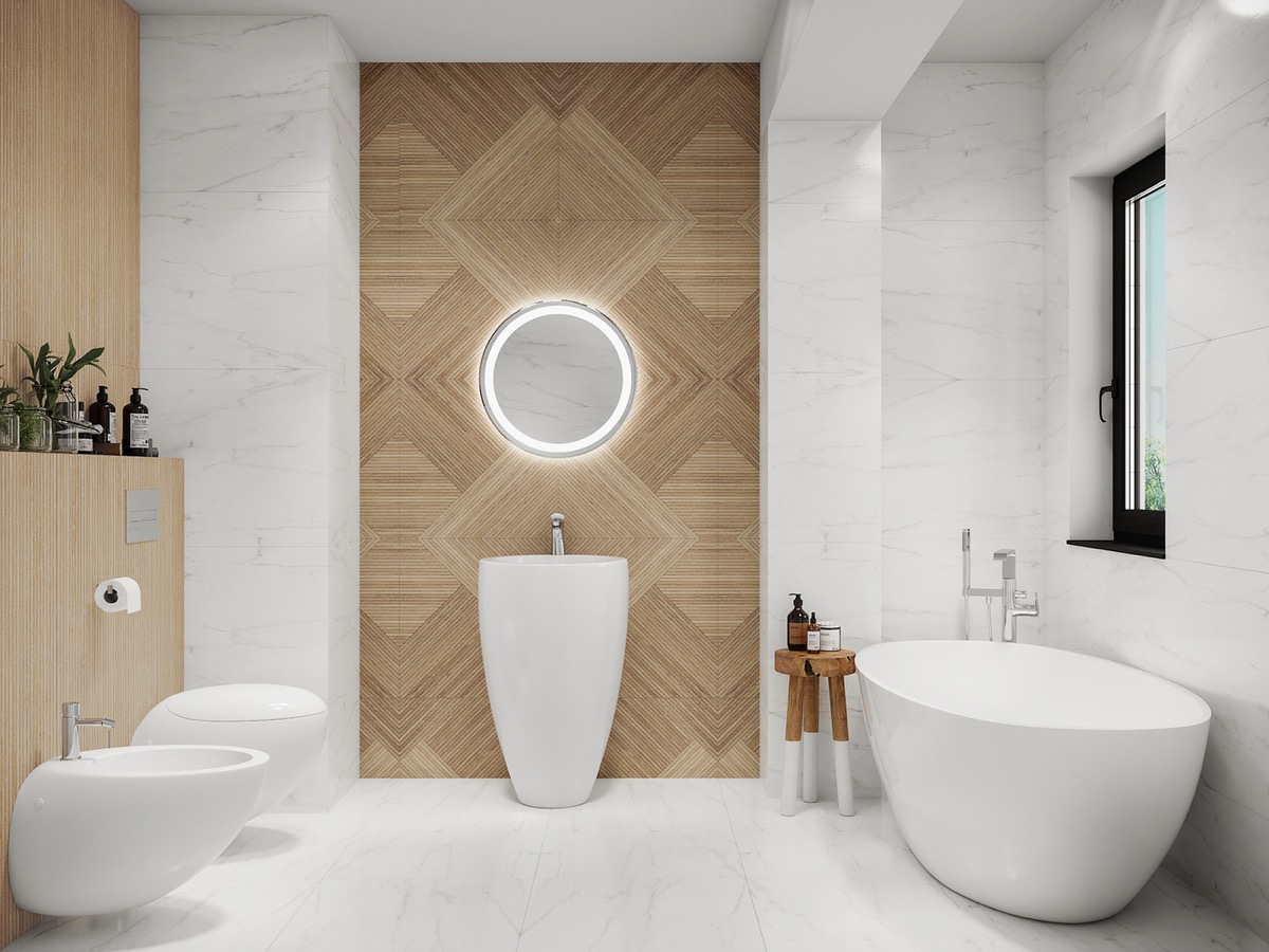 Hình ảnh phòng tắm hiện đại với các mảng tường ốp gỗ xen kẽ tường trắng, bồn rửa và bồn tắm bằng sứ màu trắng