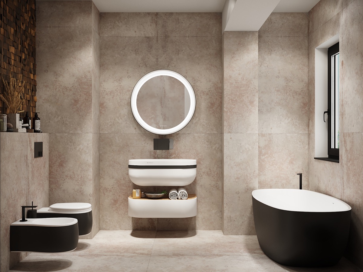 Hình ảnh mẫu thiết kế hiện đại với tường ốp đá màu xám hồng, bồn tắm màu đen trắng 