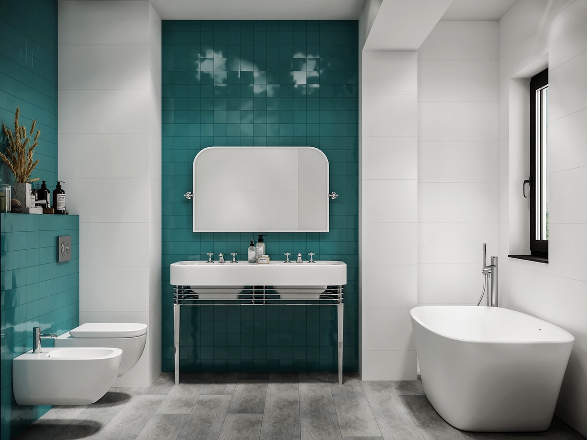 Hình ảnh phòng tắm với tường ốp gạch màu xanh ngọc lam đẹp mắt, bồn rửa đôi, gương soi, bồn tắm bố trí xung quanh