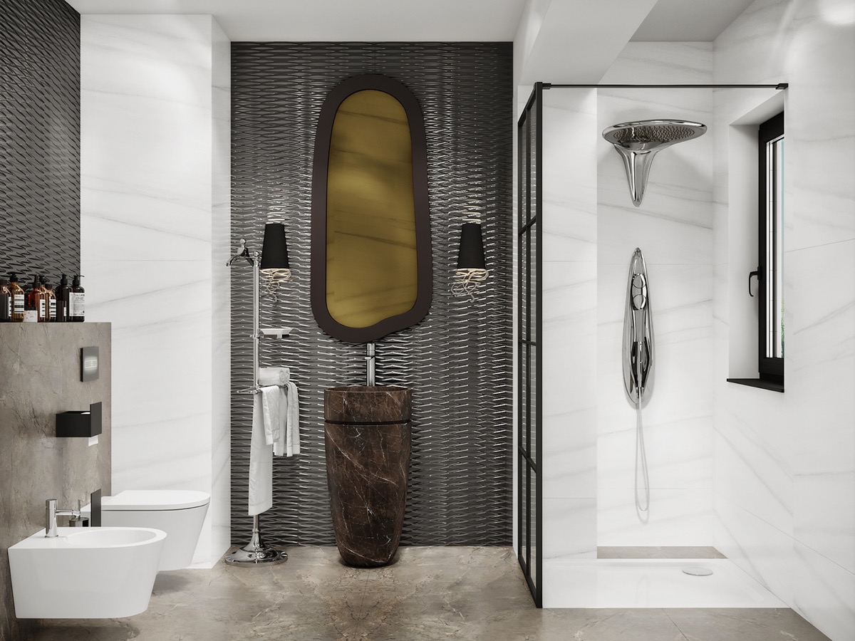 Hình ảnh phòng tắm hiện đại với gương hình dạng bất định, vòi sen quá khổ, bồn rửa độc đáo...