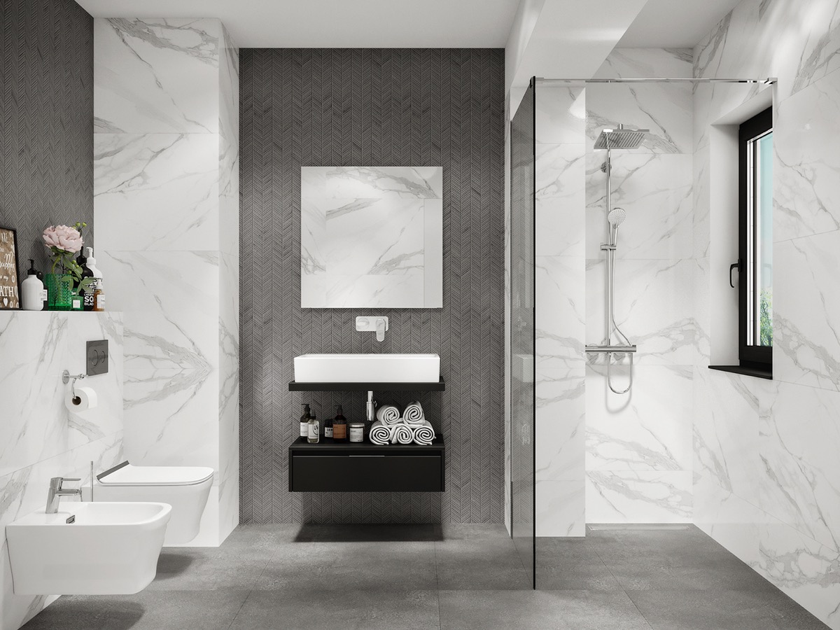 Hình ảnh mẫu thiết kế phòng tắm sang trọng, sạch sẽ với toàn bộ tường ốp đá cẩm thạch, sàn lát gạch màu xám giúp gia tăng chiều sâu cho không gian.