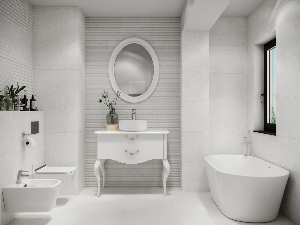 Hình ảnh phòng tắm màu trắng chủ đạo, trung tâm là tủ ngăn kéo kiểu Pháp cổ điển