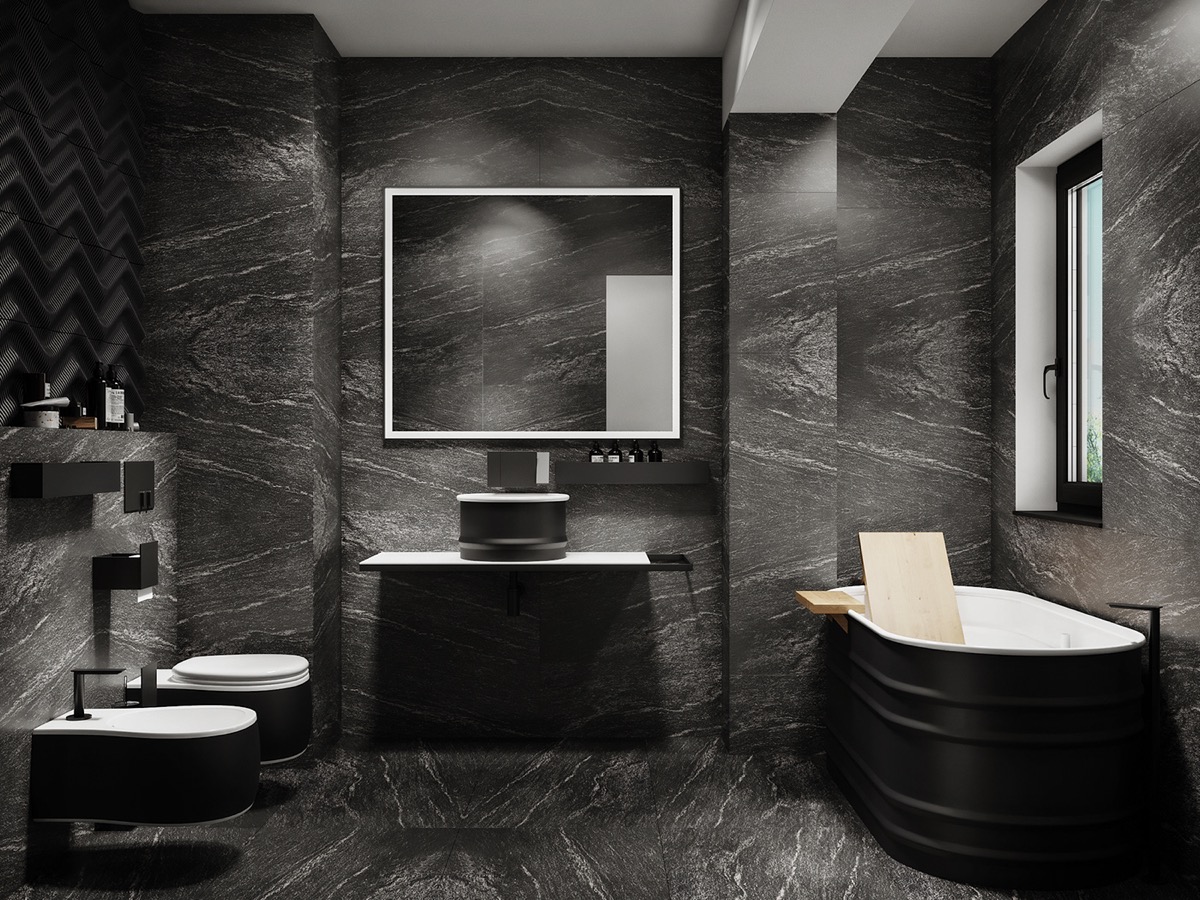 Hình ảnh toàn cảnh mẫu phòng tắm sử dụng tông màu đen xám chủ đạo
