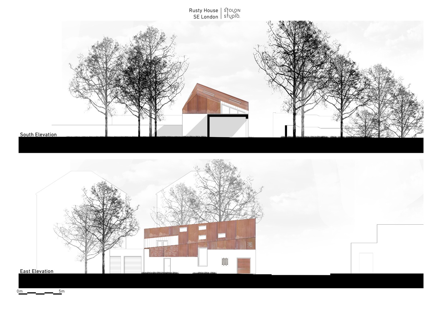 Hình ảnh phối cảnh mặt cắt ngôi nhà 2 tầng theo các hướng khác nhau.
