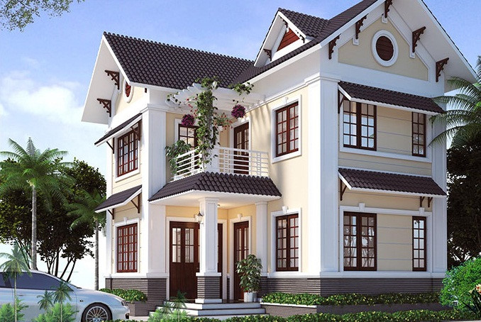 Hình ảnh phối cảnh mẫu nhà 2 tầng hình chữ L với mái ngói nâu, tường trắng, hệ cửa sổ kính khung gỗ màu cánh gián bao quanh