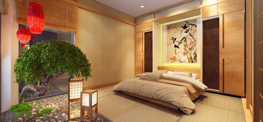 Hình ảnh mẫu thiết kế phòng ngủ đậm phong cách Zen, sử dụng tông màu ấm áp.