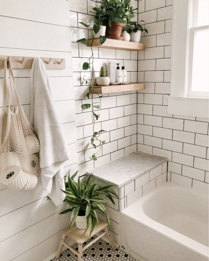 Hình ảnh cận cảnh phòng tắm màu trắng chủ đạo được trang trí bởi chậu cây trầu bà treo tường