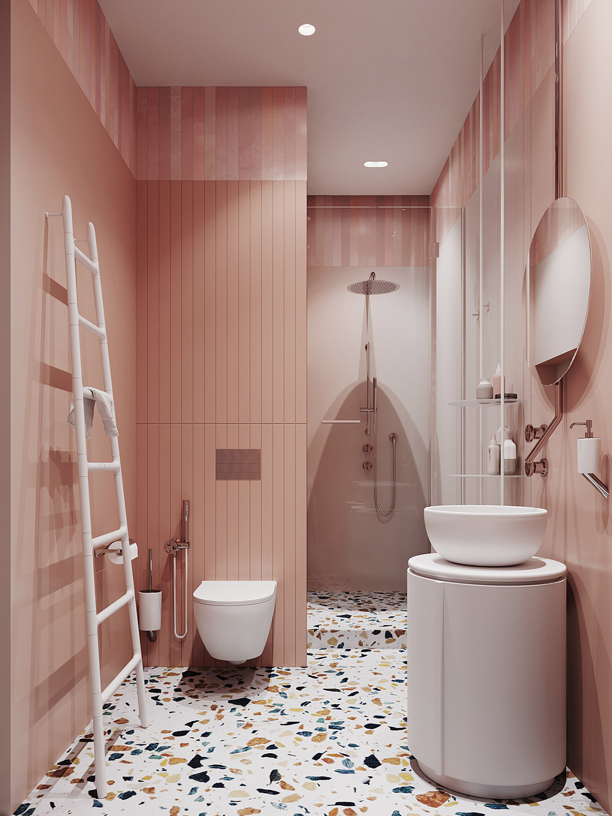 Hình ảnh toàn cảnh phòng tắm màu cam san hô với thang treo khăn màu trắng, phía trong là buồng tắm đứng