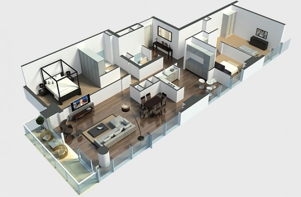 Hình ảnh phối cảnh mẫu thiết kế căn hộ 3 phòng ngủ riêng biệt, kín đáo, sàn khu vực sinh hoạt chung được lát gỗ sẫm màu