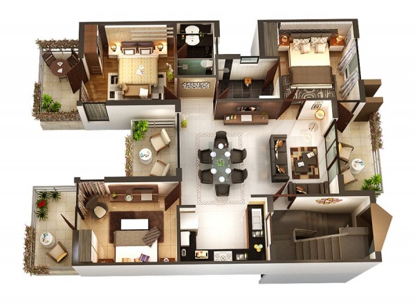 Hình ảnh mẫu thiết kế nội thất căn hộ 3 phòng ngủ sang trọng với tông màu nâu, xám xuyên suốt, 4 ghiên thư giãn rộng rãi