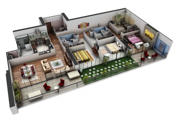 Hình ảnh mẫu thiết kế căn hộ 3 phòng ngủ tiện nghi khép kín, góc thư giãn ngoài trời nổi bật với ghế ngồi màu đỏ