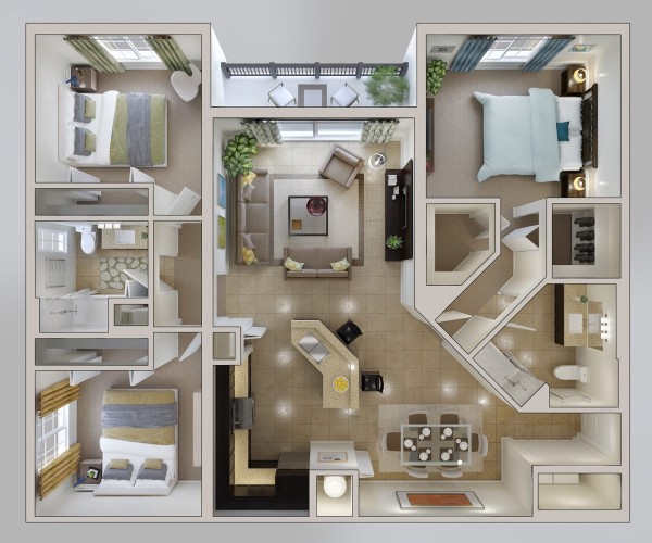 Hình ảnh phối cảnh mô hình nội thất căn hộ 3 phòng ngủ rộng rãi