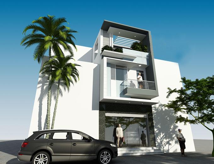 Hình ảnh phối cảnh 3D nhà phố 3 tầng để ở kết hợp kinh doanh với tông màu trắng chủ đạo, cây xanh điểm xuyết