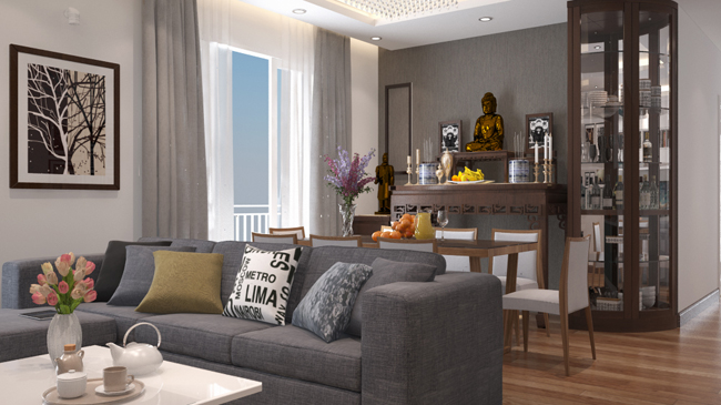 Hình ảnh phòng khách căn hộ chung cư có bàn thờ Phật cạnh bàn ăn