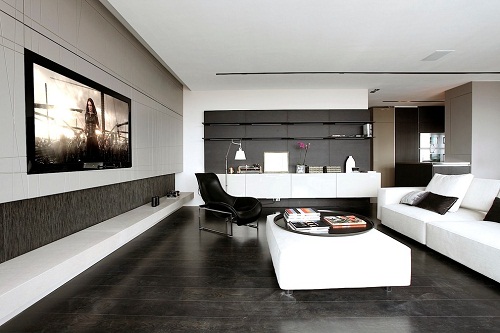 Hình ảnh phòng khách hiện đại, sử dụng gạch lát màu xám đen, tường và trần sơn trắng