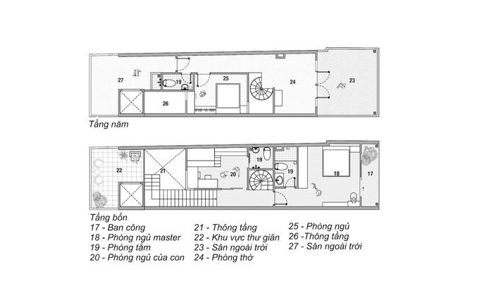 Hình ảnh bản vẽ thiết kế mặt bằng tầng 4 và tầng 5.