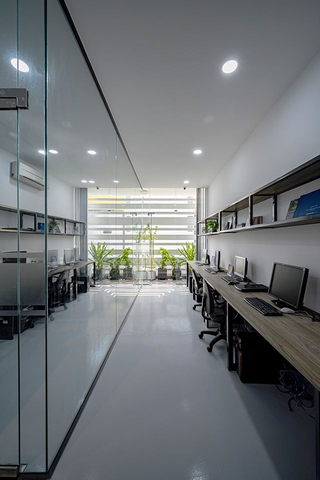 Hình ảnh văn phòng với hai dãy bàn ghế đặt máy tính, ban công trồng cây xanh