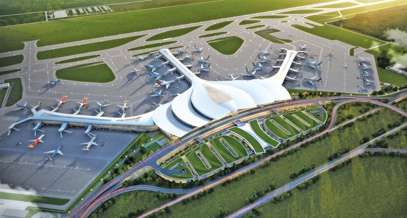 Hình ảnh phối cảnh dự án sân bay Long Thanh nhìn từ trên cao với nhiều máy bay đang neo đậu, xung quanh là thảm cỏ xanh mướt