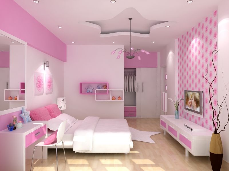 Hình ảnh bên trong phòng ngủ bé gái với tường, trần và đồ nội thất đều có tông màu trắng và hồng phấn