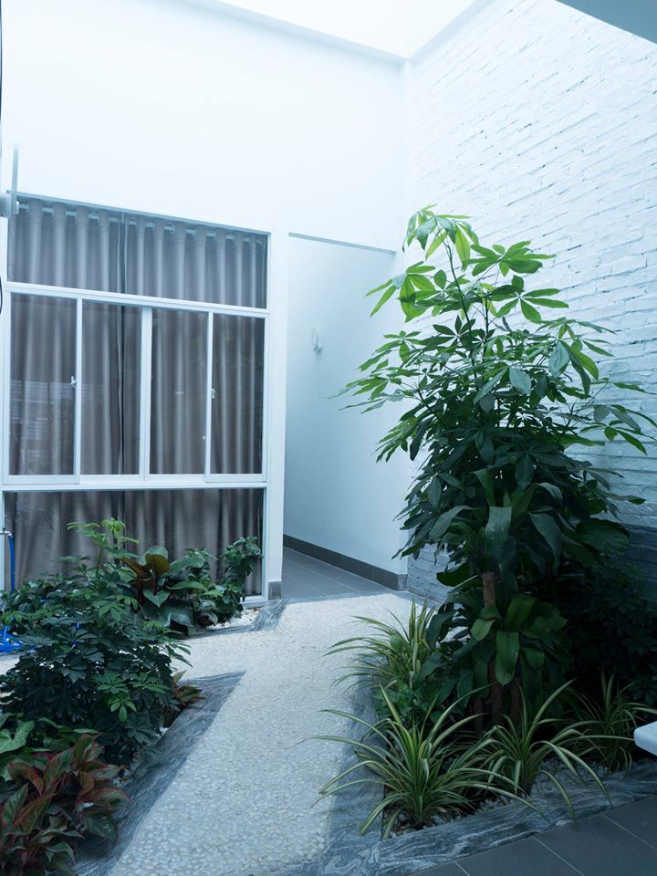 Hình ảnh khoảnh vườn xanh tốt giữa nhà, tách phòng sinh hoạt chung với không gian riêng tư phía sau 