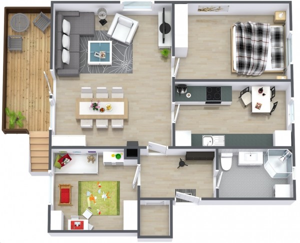 Hình ảnh phối cảnh 3D mẫu căn hộ 2 phòng ngủ rộng thoáng có không gian cho trẻ vui chơi
