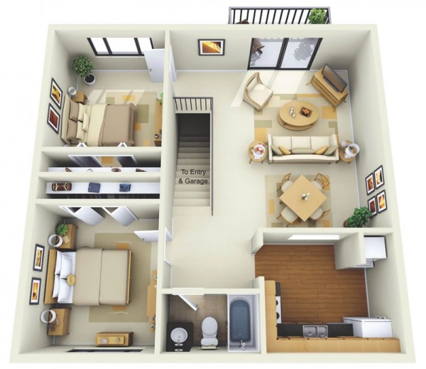 Hình ảnh phối cảnh 3D mẫu thiết kế nội thất căn hộ 2 phòng ngủ có phòng bếp tách biệt