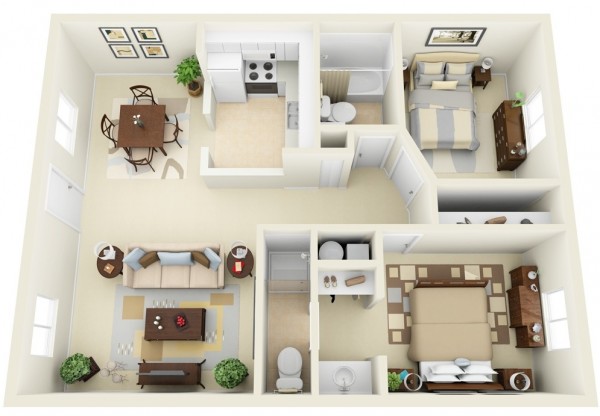Hình ảnh mẫu thiết kế nội thất căn hộ 2 phòng ngủ có hình dạng vuông vắn, vệ sinh khép kín