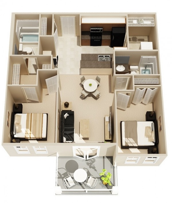 Hình ảnh mẫu phối cảnh 3D căn hộ 2 phòng ngủ có màu be chủ đạo