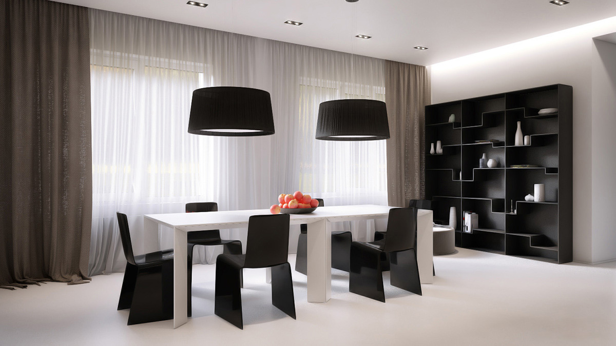 Hình ảnh phòng ẳn rộng thoáng với bàn dài màu trắng kết hợp ghế ngồi màu đen kiểu dáng độc đáo