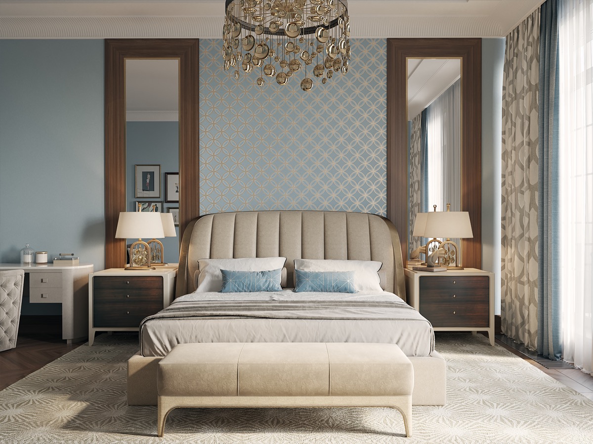 Hình ảnh phòng ngủ tông màu trung tính với giấy dán tường màu xanh lam, thảm trải màu sữa, rèm cửa họa tiết