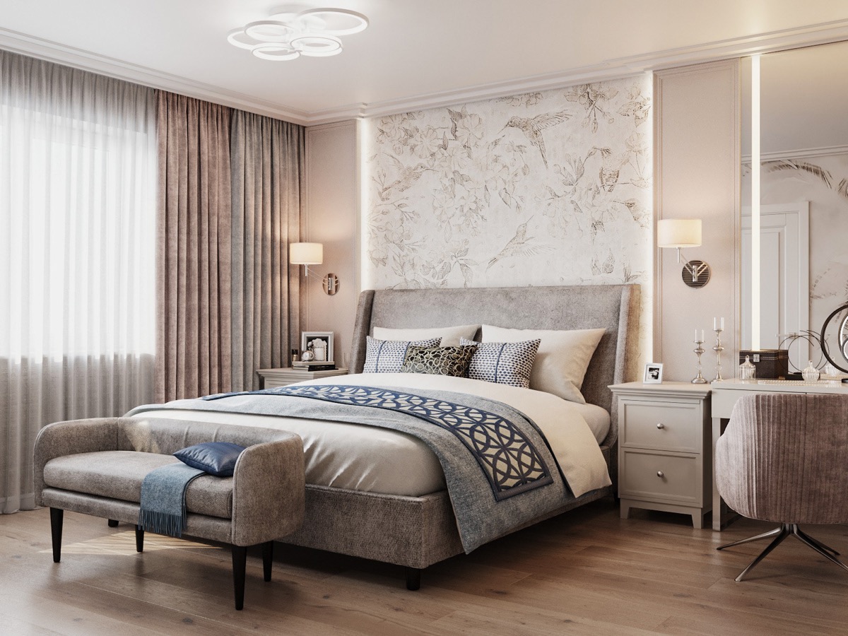 Hình ảnh phòng ngủ có thiết kế đơn giản với bảng màu trang nhã, chất liệu nội thất cao cấp, giấy dán tường đầu giường